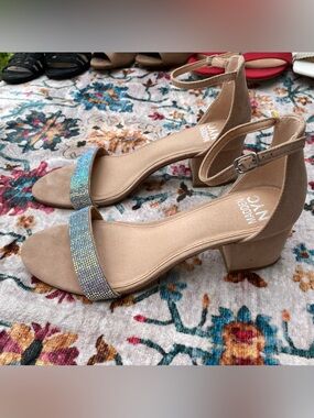Madden NYC Tan Suede Block Heel Sandal with Sparkling Front Strap